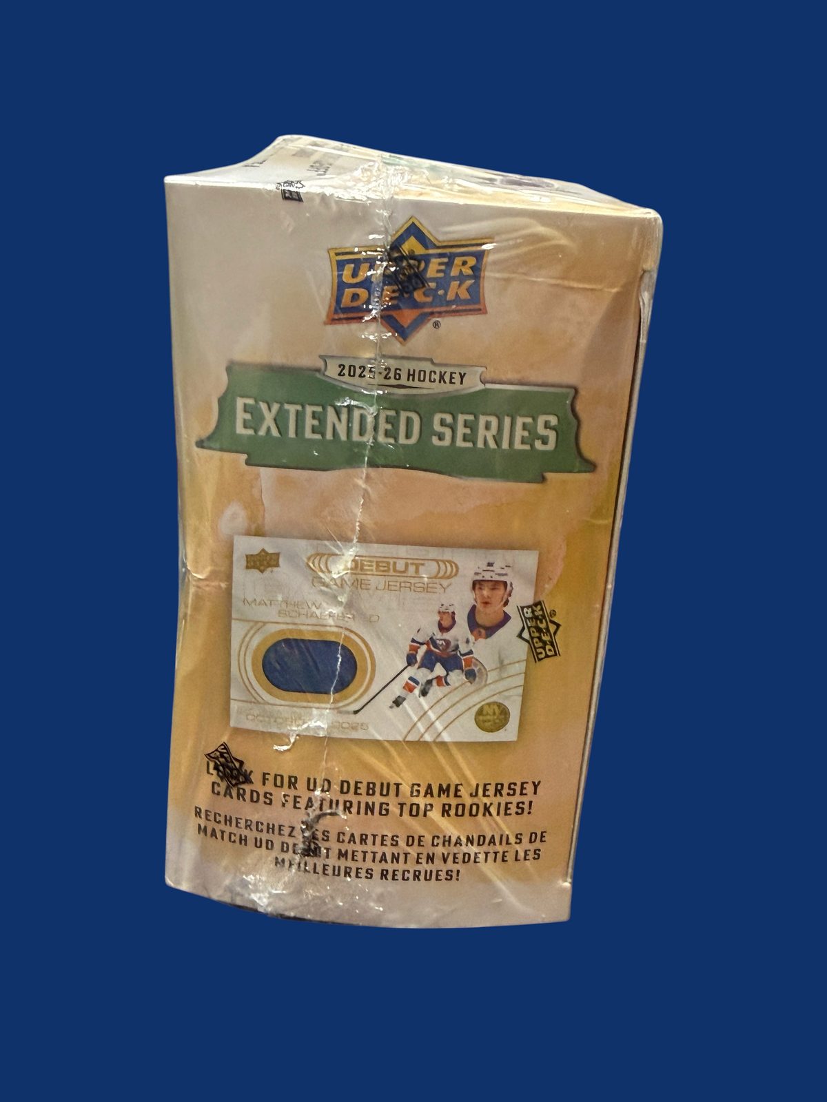 Utah Breaks 2025-26 Upper Deck Extended Series hockey hobby box featuring a UD Debut Game Jersey card display