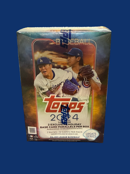 Utah Breaks 2024 Topps Baseball Update Series Holiday Value Box featuring MLB players on the factory-sealed packaging.