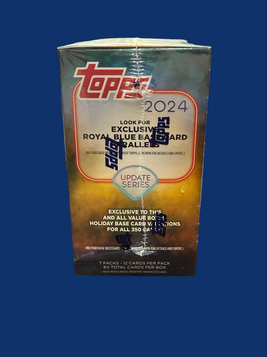 Utah Breaks 2024 Topps Baseball Update Series Holiday Value Box featuring 84 cards and exclusive Royal Blue parallels.