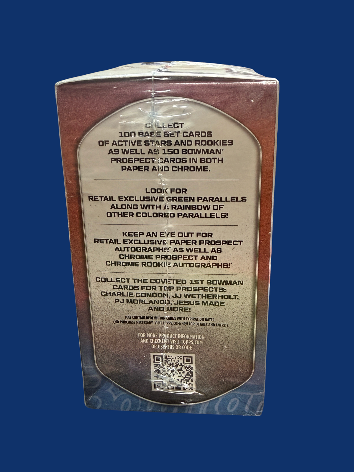 Back of Utah Breaks 2025 Bowman Baseball retail blaster box showing card collection details and prospect information