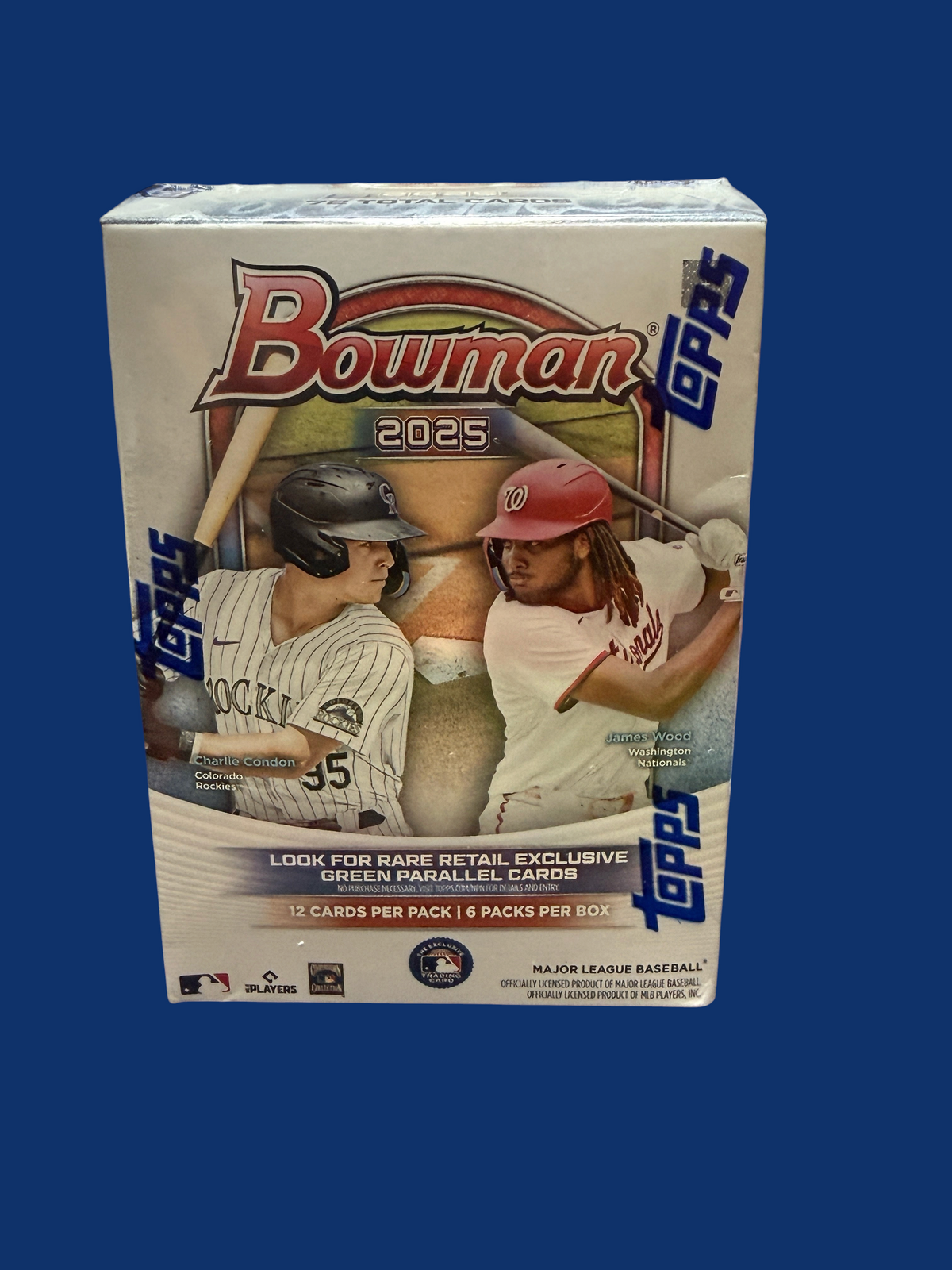 Utah Breaks 2025 Bowman Baseball retail blaster box featuring Charlie Condon and James Wood on the packaging