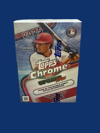 Utah Breaks 2025 Topps Chrome Update Series baseball trading card blaster box featuring James Wood on the packaging.