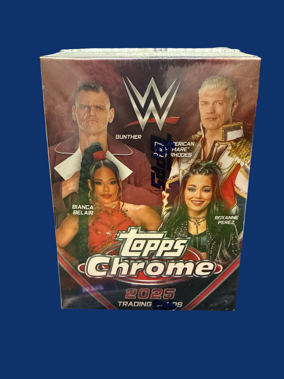 Utah Breaks 2025 Topps Chrome WWE trading card blaster box featuring Gunther, Cody Rhodes, Bianca Belair, and Roxanne