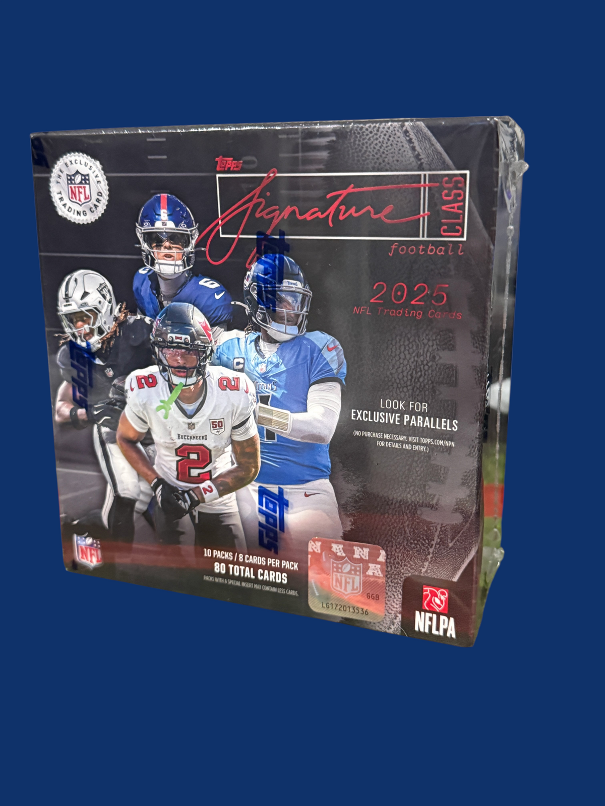 Utah Breaks 2025 Topps Signature Class football trading card hobby box featuring NFL player imagery on sealed packaging