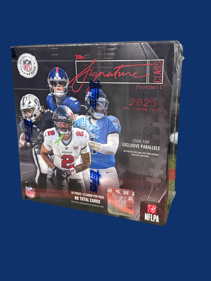 Utah Breaks 2025 Topps Signature Class football trading card hobby box featuring NFL player imagery on sealed packaging