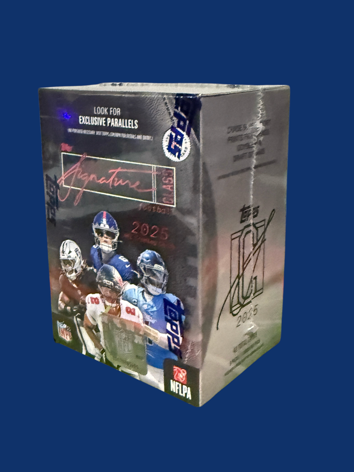 Utah Breaks 2025 Topps Signature Class Football trading card blaster box, factory-sealed with NFL player imagery.