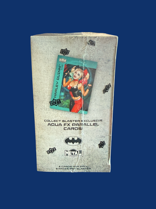 Utah Breaks Upper Deck Skybox Metal Universe Batman trading card blaster box featuring a Harley Quinn Aqua FX card.