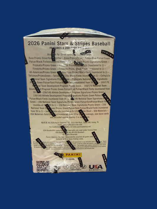 Back of Utah Breaks 2026 Panini Stars and Stripes Baseball trading card blaster box showing set details and features.