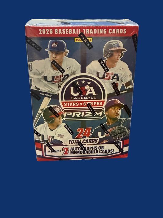 Utah Breaks 2026 Panini Stars and Stripes Baseball Prizm blaster box featuring USA Baseball players on the packaging.