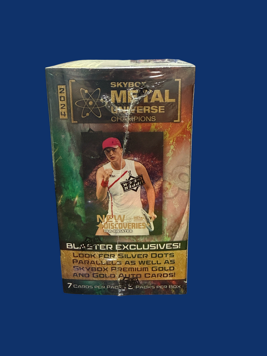 Utah Breaks 2024 Skybox Metal Universe Champions sports trading card blaster box featuring Iga Swiatek on the front