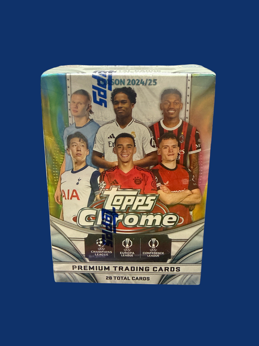 Utah Breaks 2024/25 Topps Chrome UEFA soccer trading card blaster box featuring elite football players on the packaging