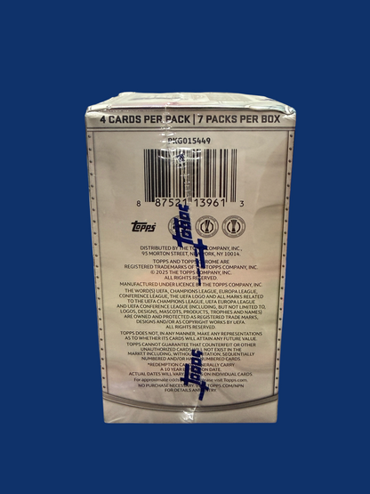Back of Utah Breaks Topps Chrome UEFA soccer trading card blaster box showing product information and barcode
