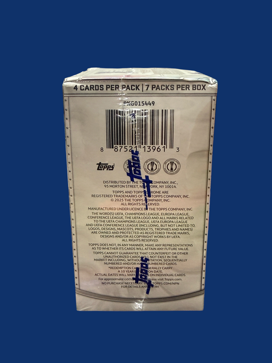 Back of Utah Breaks Topps Chrome UEFA soccer trading card blaster box showing product information and barcode