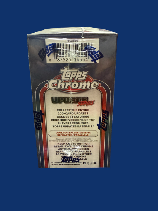 Utah Breaks 2025 Topps Chrome Update Series baseball trading card blaster box back view with product details