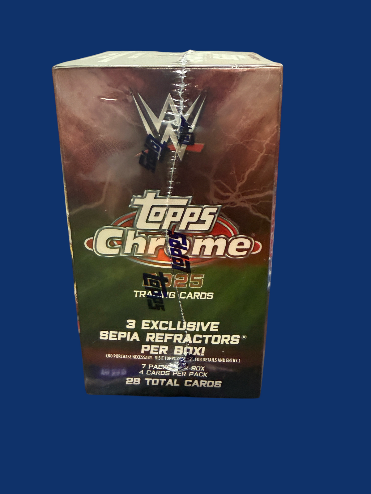 Utah Breaks 2025 Topps Chrome WWE trading card blaster box featuring 3 exclusive sepia refractors and 28 total cards
